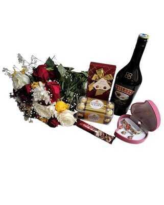 Gift package with baileys, assorted chocolates, flowers, & baileys