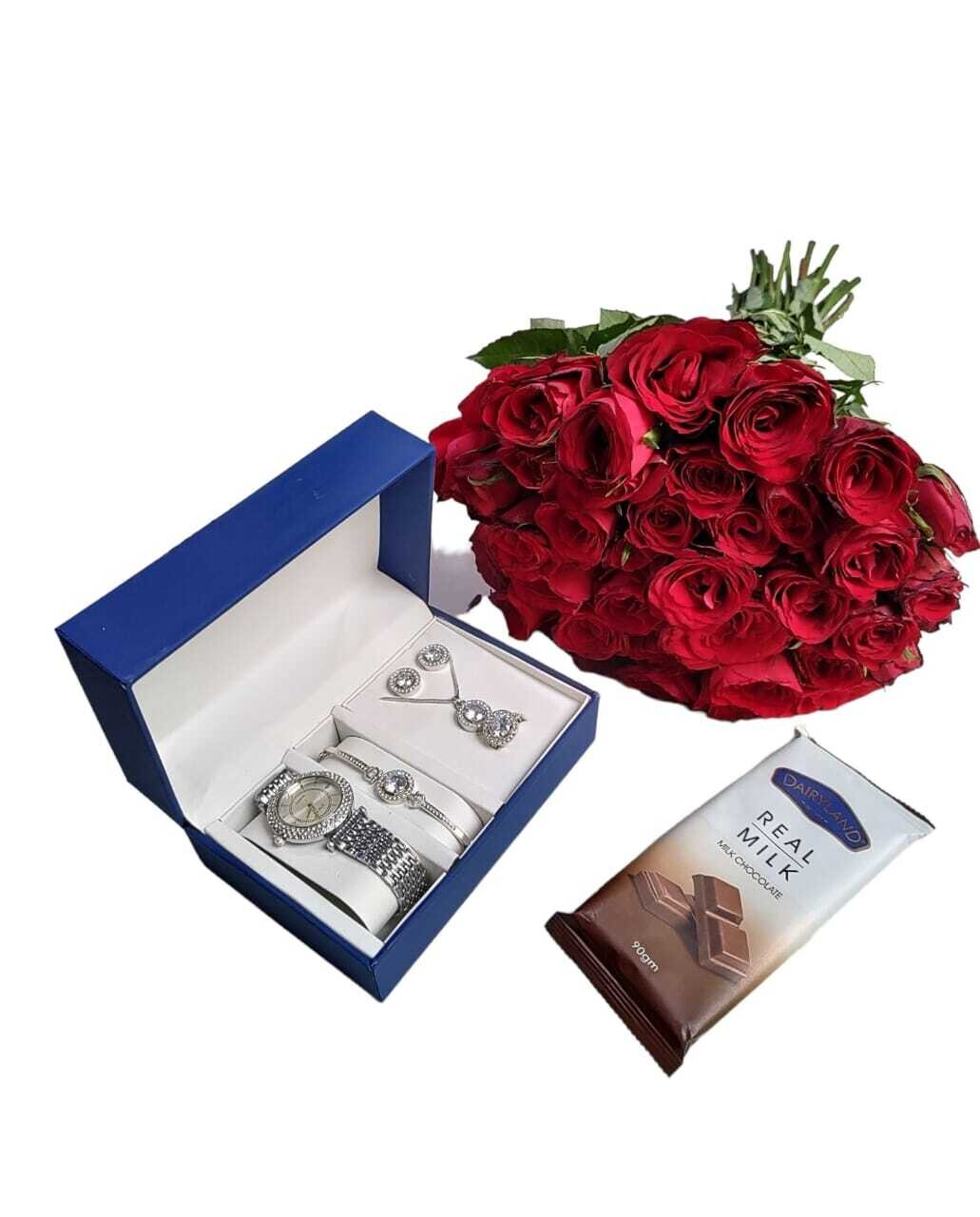 Gift package with flowers, ladies giftset & chocolate