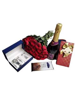 Gift pack with flowers, assorted chocolate, ladies giftset, spartkling wine