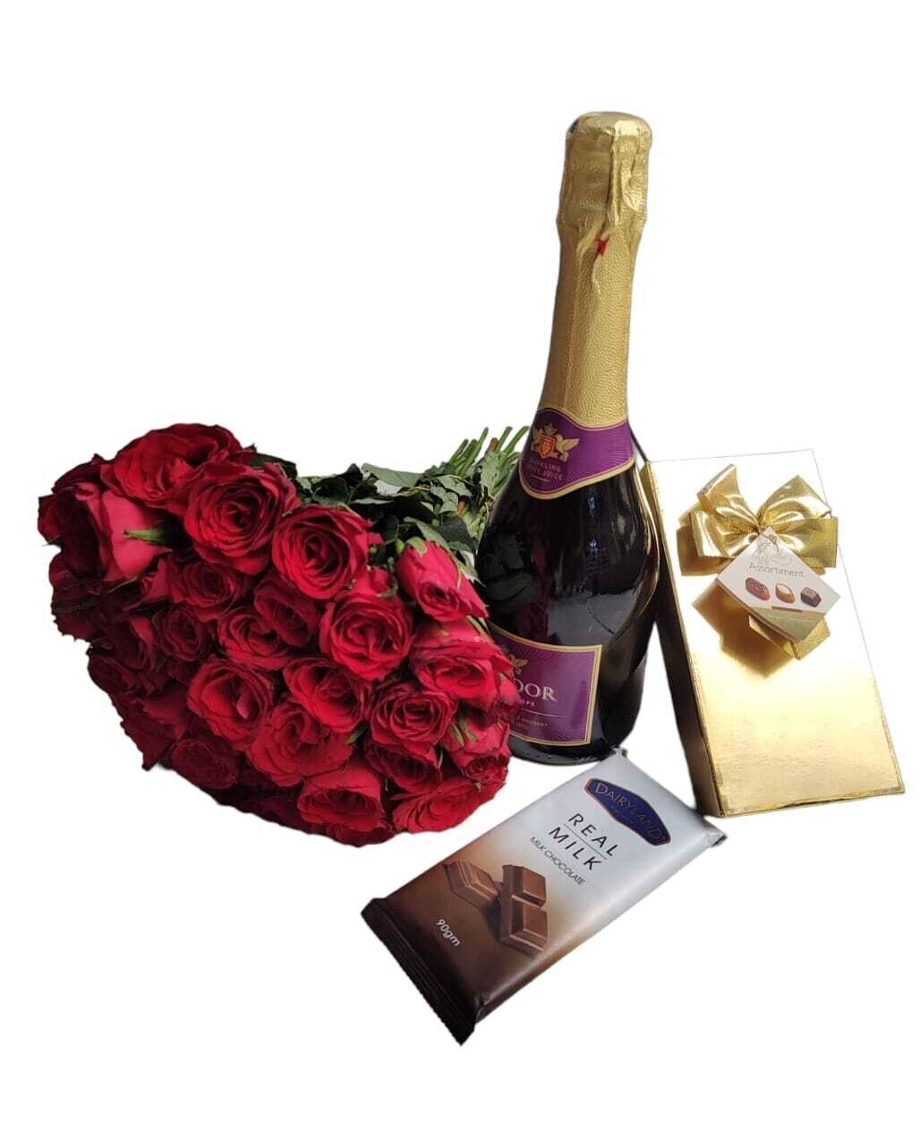 Gift Flowers, assorted chocolate, sparkling wine