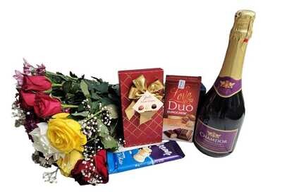 Valentine's flowers, assorted chocolate, chemdor sparkling grape gifts
