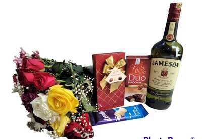 Valentine's day gift flowers, assorted chocolate, Jameson wiskey