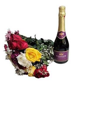 Valentine's gift flowers & chamdor sparkling grapes