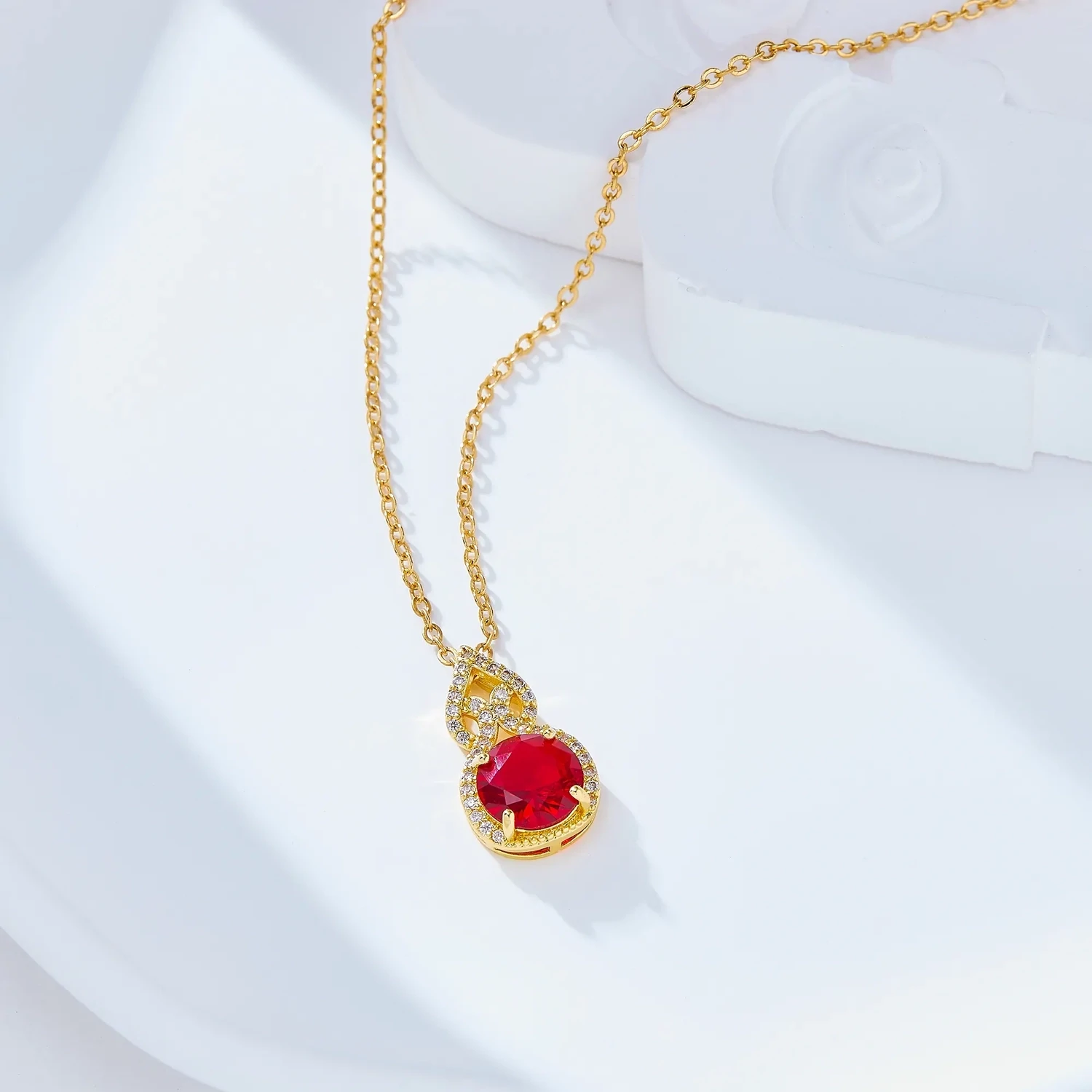 Women Personalized 18k Gold Plated colored rainbow crystal zircon gourd shape pendant necklace-161X-Red