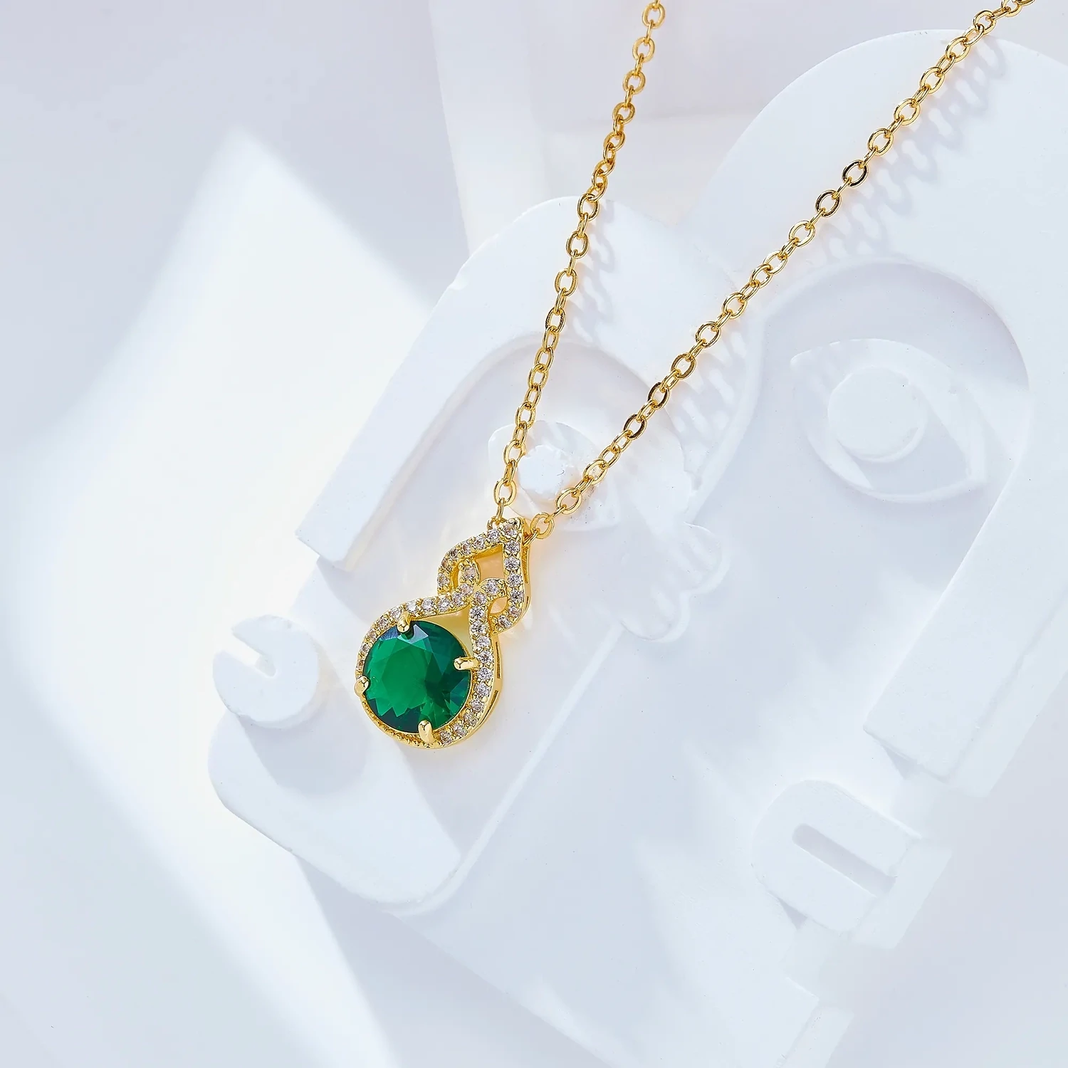 Women Personalized 18k Gold Plated colored rainbow crystal zircon gourd shape pendant necklace-161X-Green