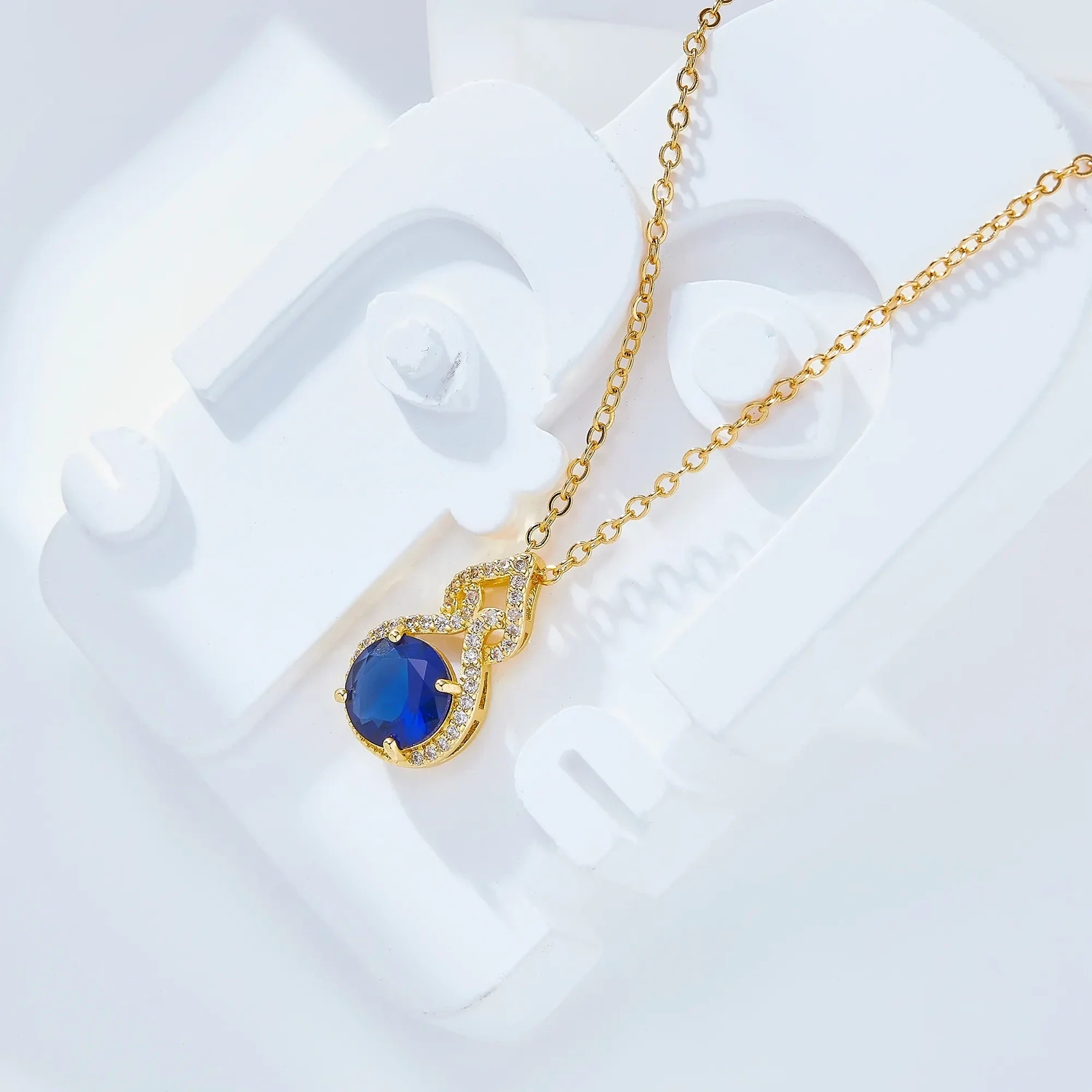 Women Personalized 18k Gold Plated colored rainbow crystal zircon gourd shape pendant necklace-161X-Blue