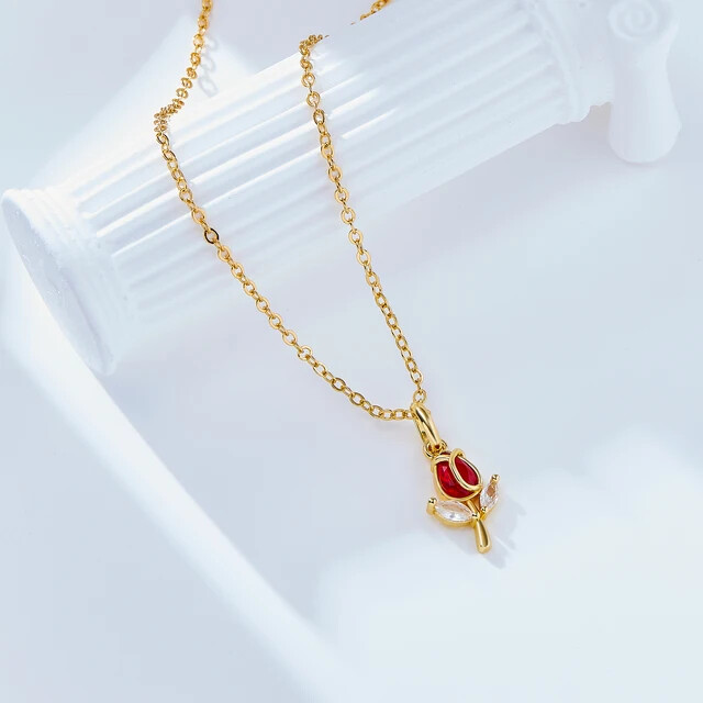 160X Fashion Trendy 2024 Womens Charm Elegant Rose Flower Fashion Pendant Delicate Gold Plating Flower Necklace-160X-Red