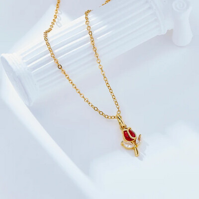 160X Fashion Trendy 2024 Womens Charm Elegant Rose Flower Fashion Pendant Delicate Gold Plating Flower Necklace-160X-Red