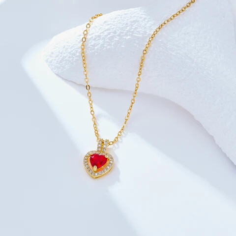 Trendy chic 18k gold plated charm colourful heart shaped zircon pendant valentine gift necklace-red