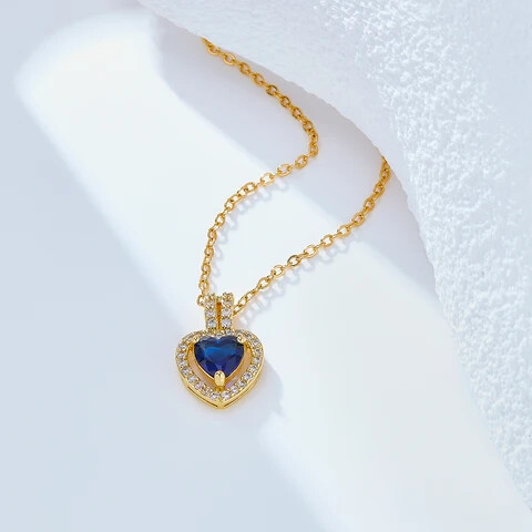 Trendy chic 18k gold plated charm colourful heart shaped zircon pendant valentine gift necklace-blue