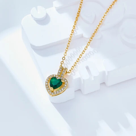 Trendy chic 18k gold plated charm colourful heart shaped zircon pendant valentine gift necklace-green