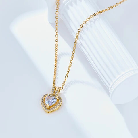 Trendy chic 18k gold plated charm colourful heart shaped zircon pendant valentine gift necklace-white