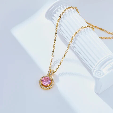  Trendy Chic 18K Gold Plated Charm Jewelry Colorful Zircon Pendant Necklace-Pink
