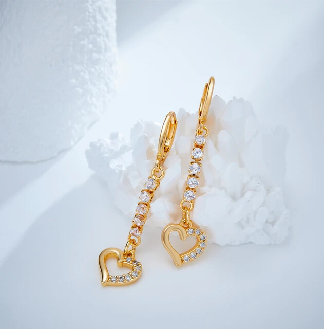 Trendy heart shaped gold plated floral charm long chain tassel earrings