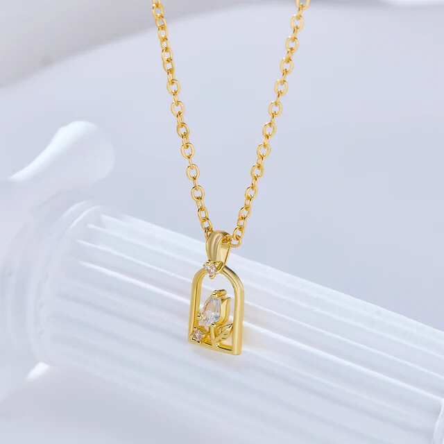 Women light luxury temperament charm window tulip flower collar chain jewelry-white