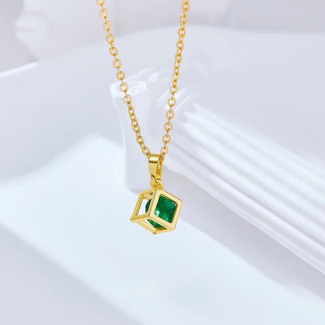 Light luxury fashion designe copper pendant square colour zircon clavicle valentine's day gift-green
