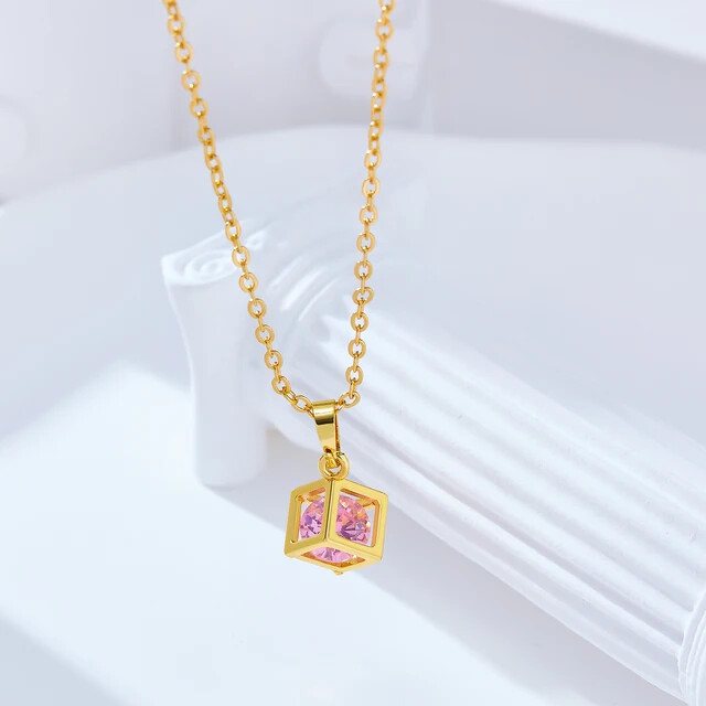 Light luxury fashion designe copper pendant square colour zircon clavicle valentine's day gift-pink