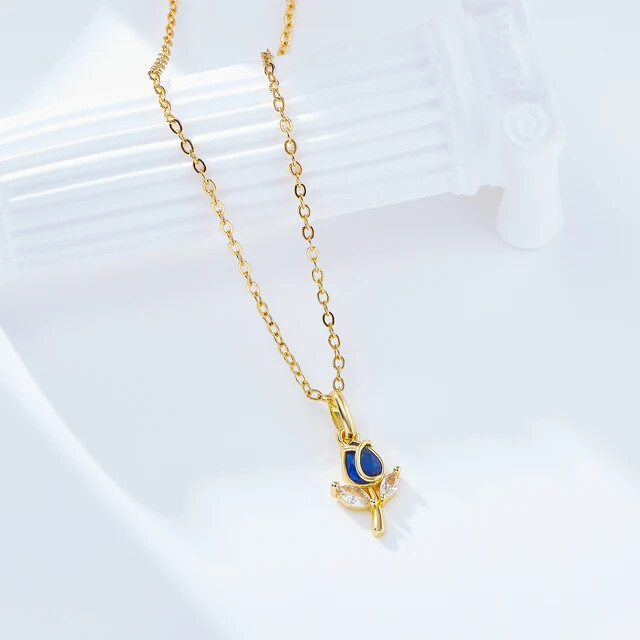160X Fashion Trendy 2024 Womens Charm Elegant Rose Flower Fashion Pendant Delicate Gold Plating Flower Necklace-160X-Blue