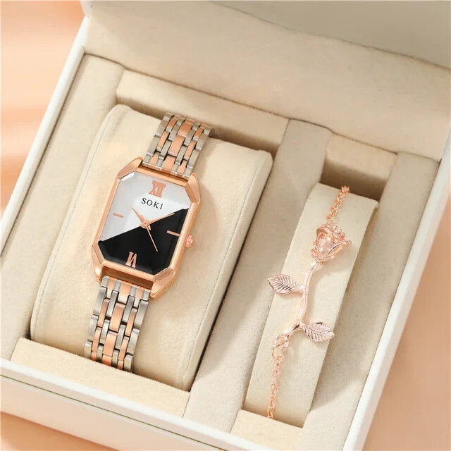 Quality Black Square 2pcs Luxury Women gift Set Bracelet & Watch Gift