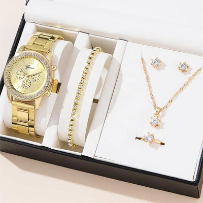 Fashion Ladies 5pcs Jewelry Set watch ,bracelet, necklace, ring, earrings