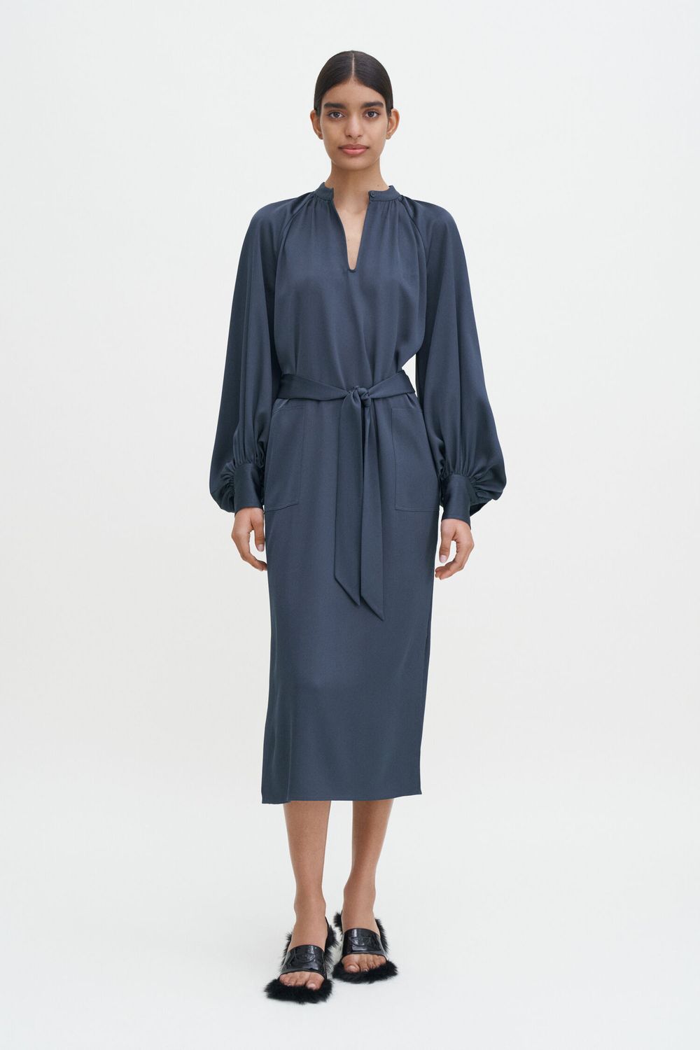 Belted longsleeve dress dawn blue