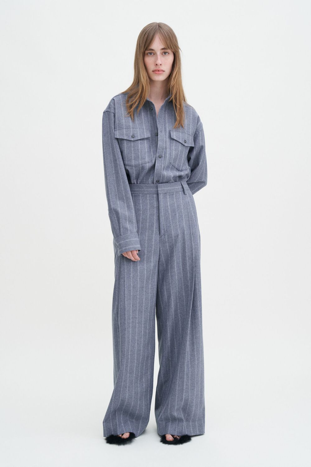 Wide pleated striped trousers grey blue