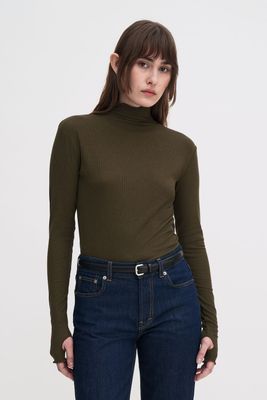 Rib Mock Neck Top Khaki