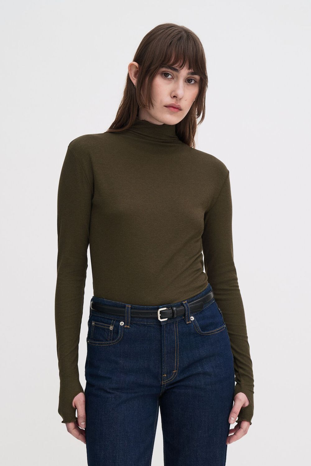 Rib Mock Neck Top khaki