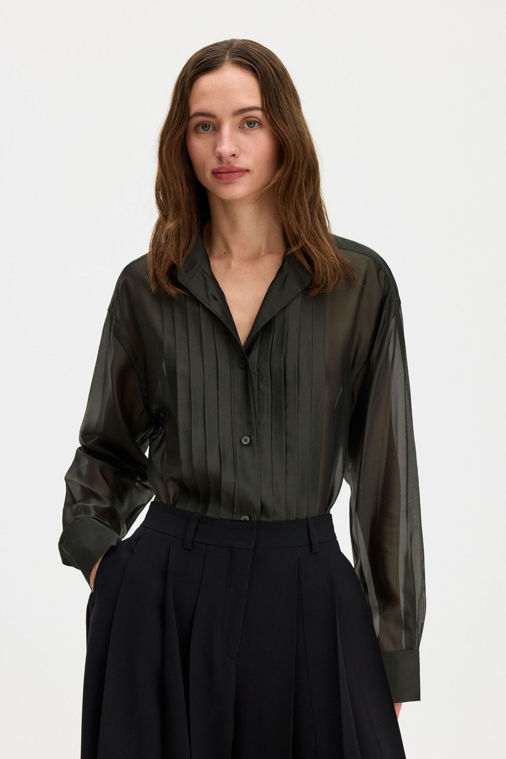 Pleated Stand Collar Shirt night green