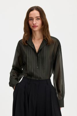 Pleated Stand Collar Shirt night green