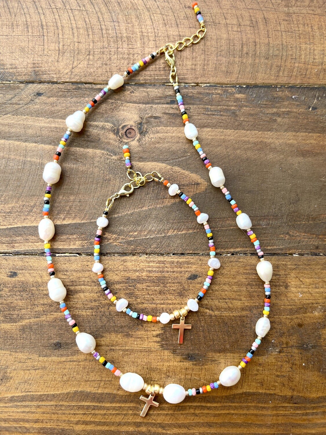 Multicolor Pearl Cross Set (Necklace &amp; Bracelet)