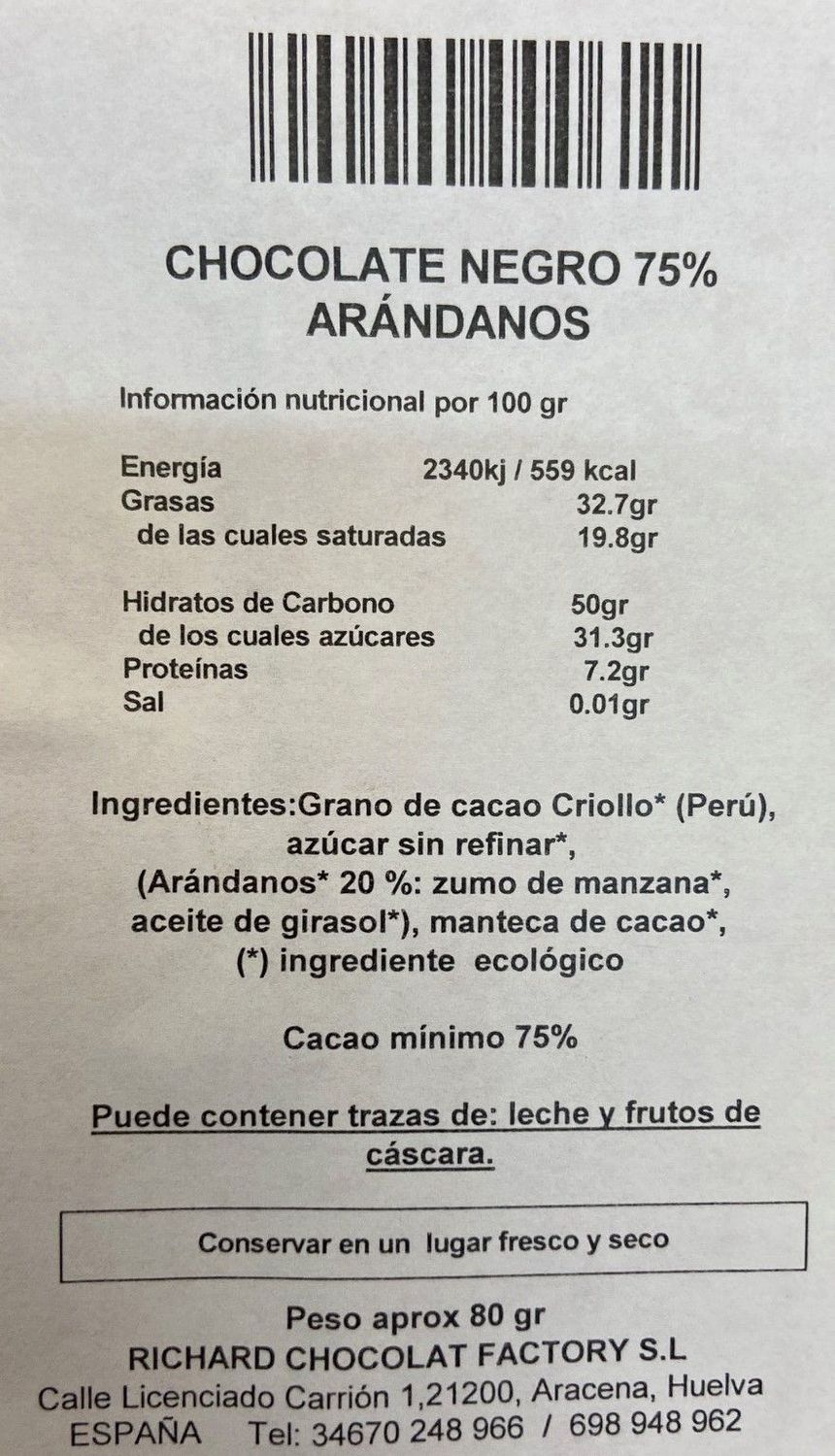 CHOCOLATE NEGRO 75% ARÁNDANOS