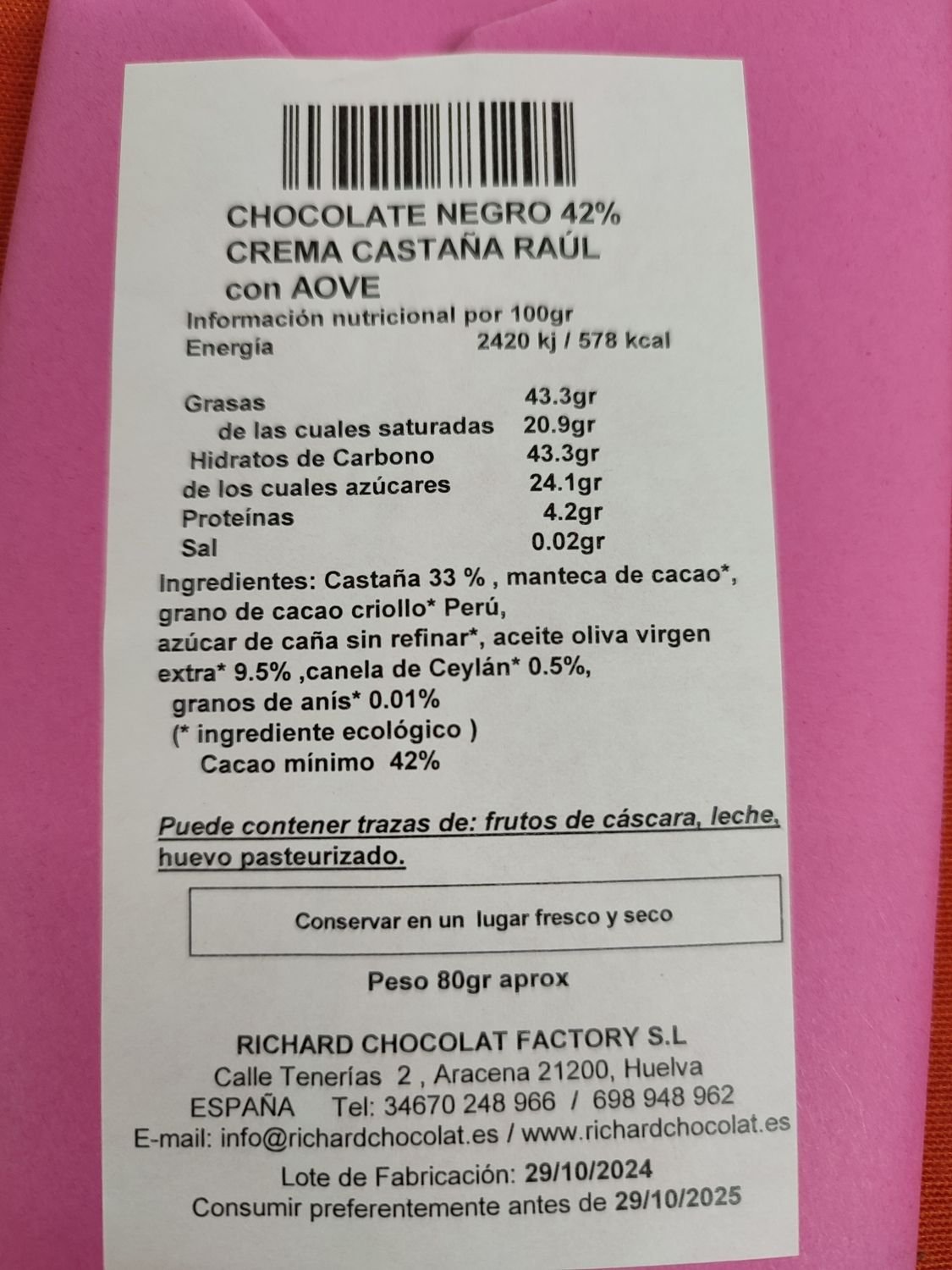 CHOCOLATE NEGRO 42% CREMA DE CASTAÑAS 
