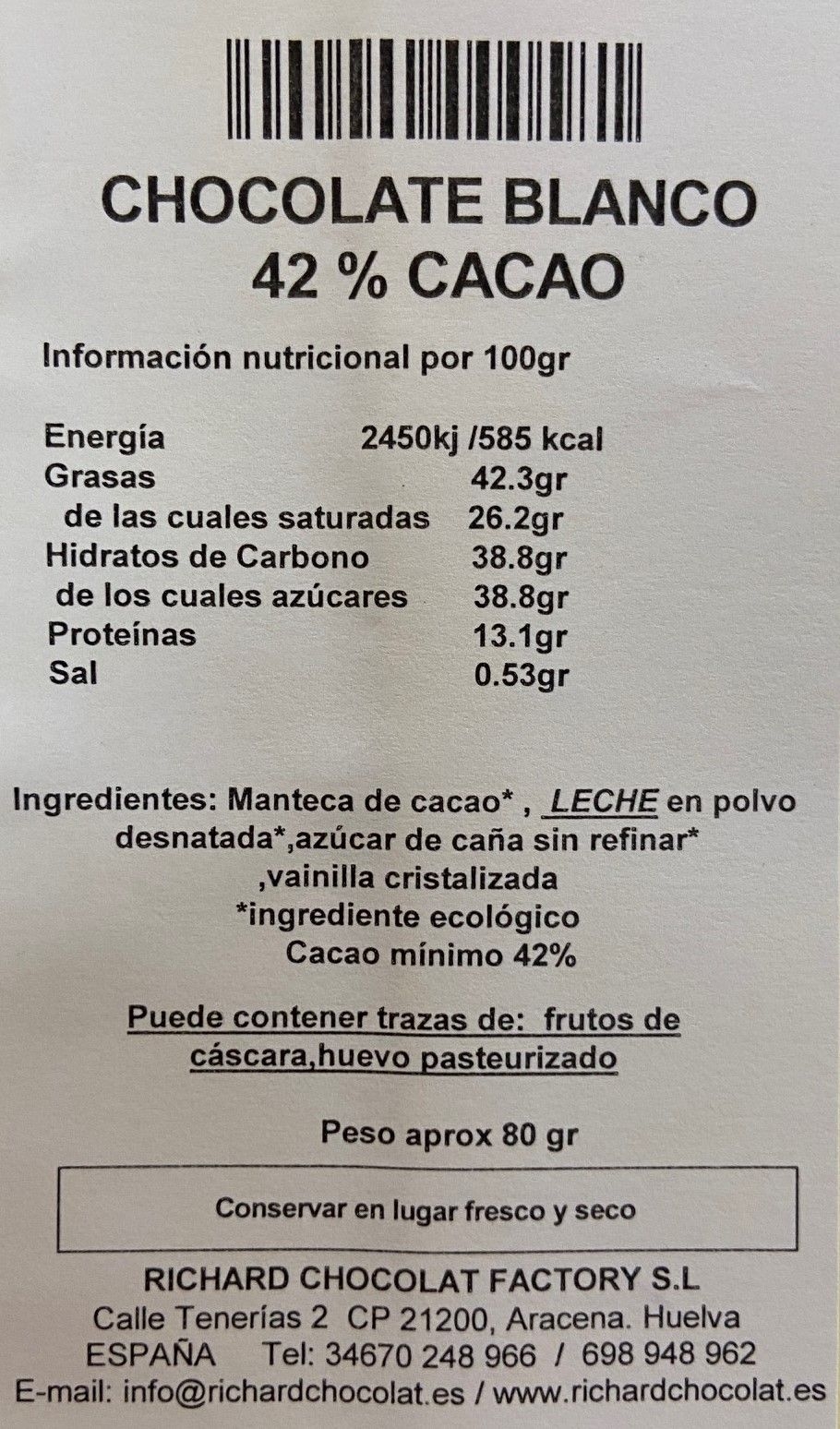 CHOCOLATE BLANCO 42 %