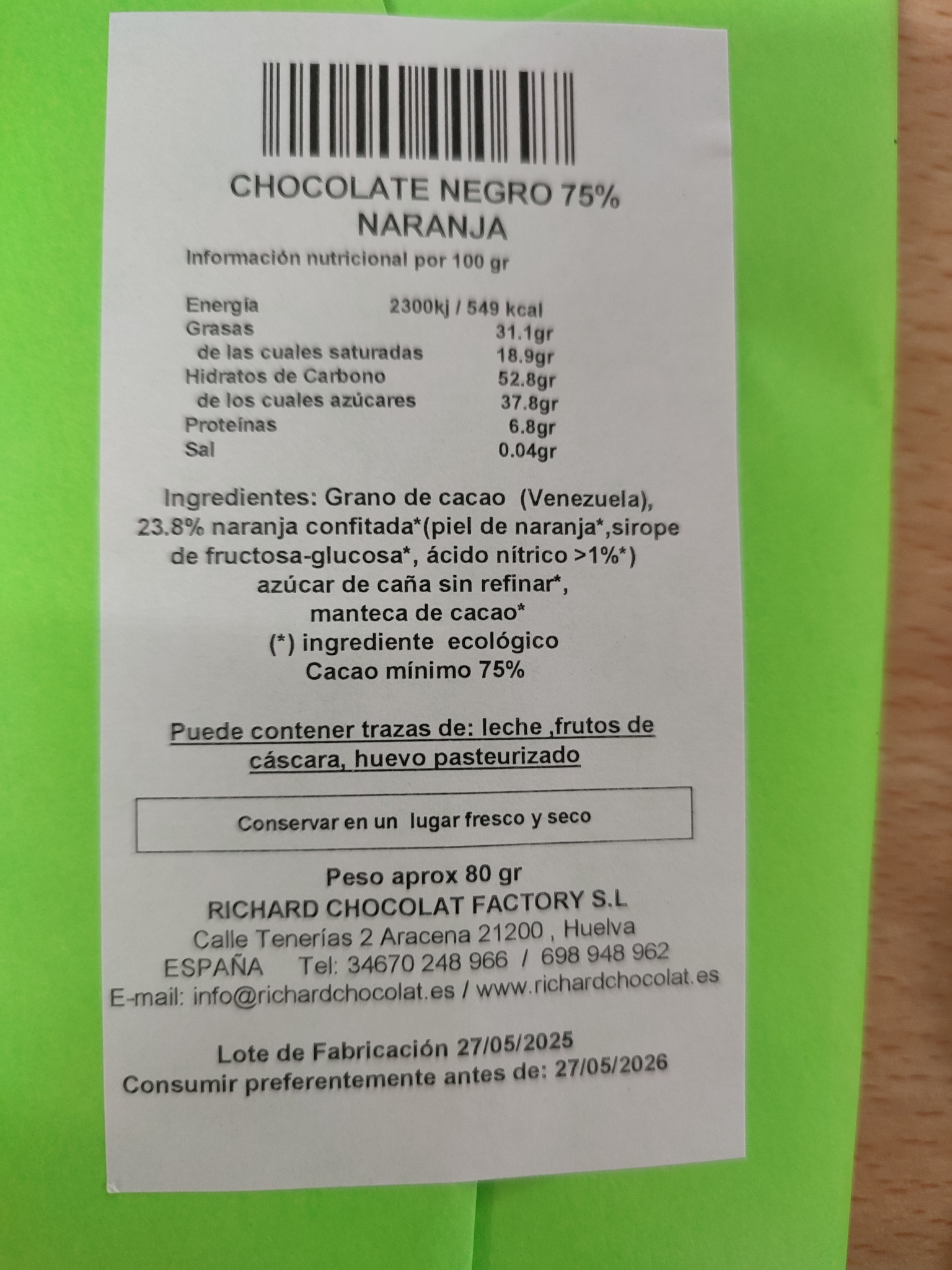 CHOCOLATE NEGRO 75% NARANJA CONFITADA