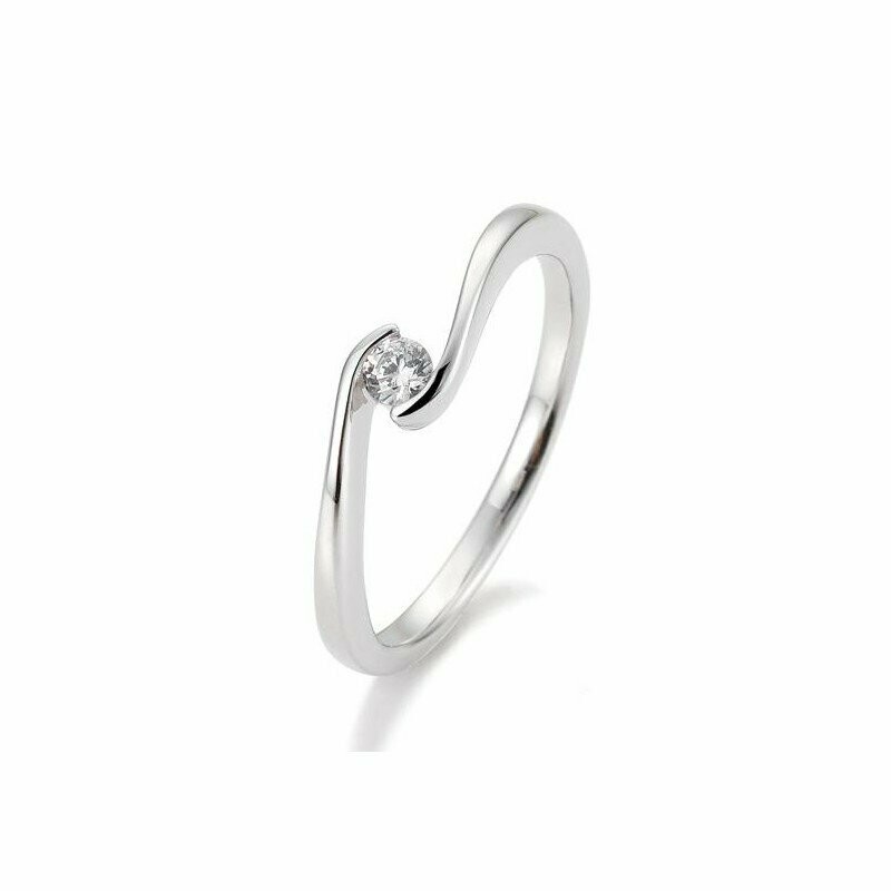 Solitärring in Schwungfassung 585/ Gold mit einem Brillanten, Größe des Brillanten: 0,10 ct. w-si, Goldlegierung: 585/- Weißgold