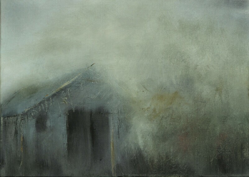 Driving in Mist moody landscape painting by Lesley Cox with misty roads and soft tones

