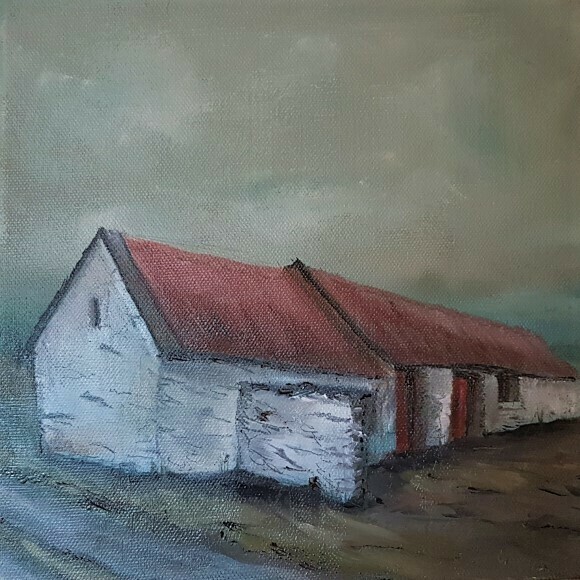 Conor’s Shed rustic landscape painting by Lesley Cox with countryside textures and earthy tones

