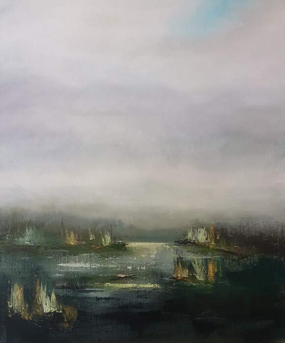 Empty Nests emotional abstract painting by Lesley Cox with soft textures and muted tones

