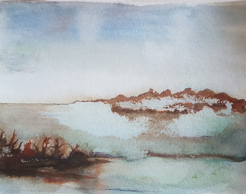 The Marsh moody landscape painting by Lesley Cox with earthy tones and atmospheric depth

