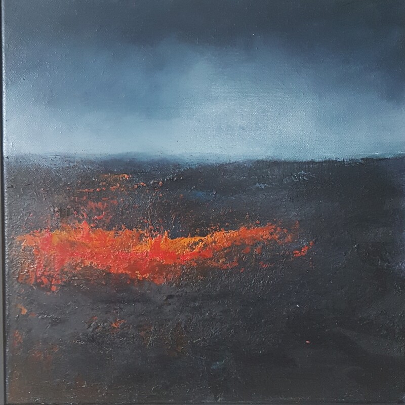 Wild Fire expressive abstract painting by Lesley Cox with fiery colors and bold texture

