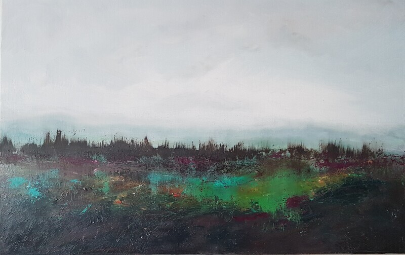 A Touch of Blue abstract painting by Lesley Cox featuring soft blue tones and fluid textures

