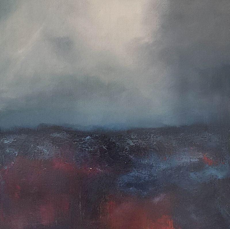 Things Unknown abstract landscape painting by Lesley Cox with earthy tones and expressive texture

