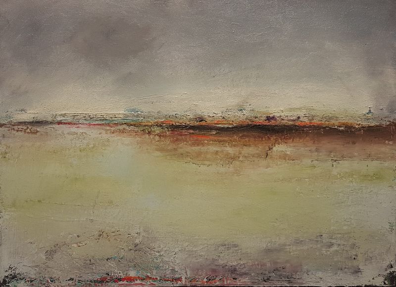 The Haven abstract landscape painting by Lesley Cox with calming colors and serene composition

