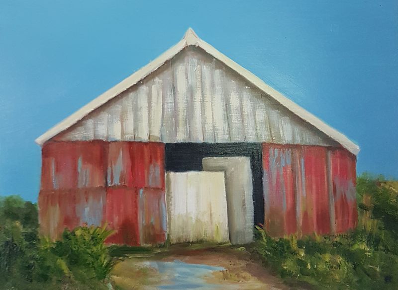 Summer Barn rustic landscape painting by Lesley Cox with warm earthy tones and countryside details

