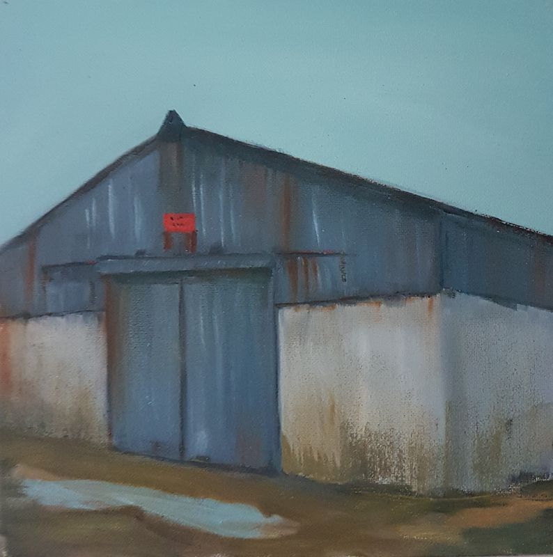 Blue Barn rural landscape painting by Lesley Cox with vivid blue barn and countryside scenery

