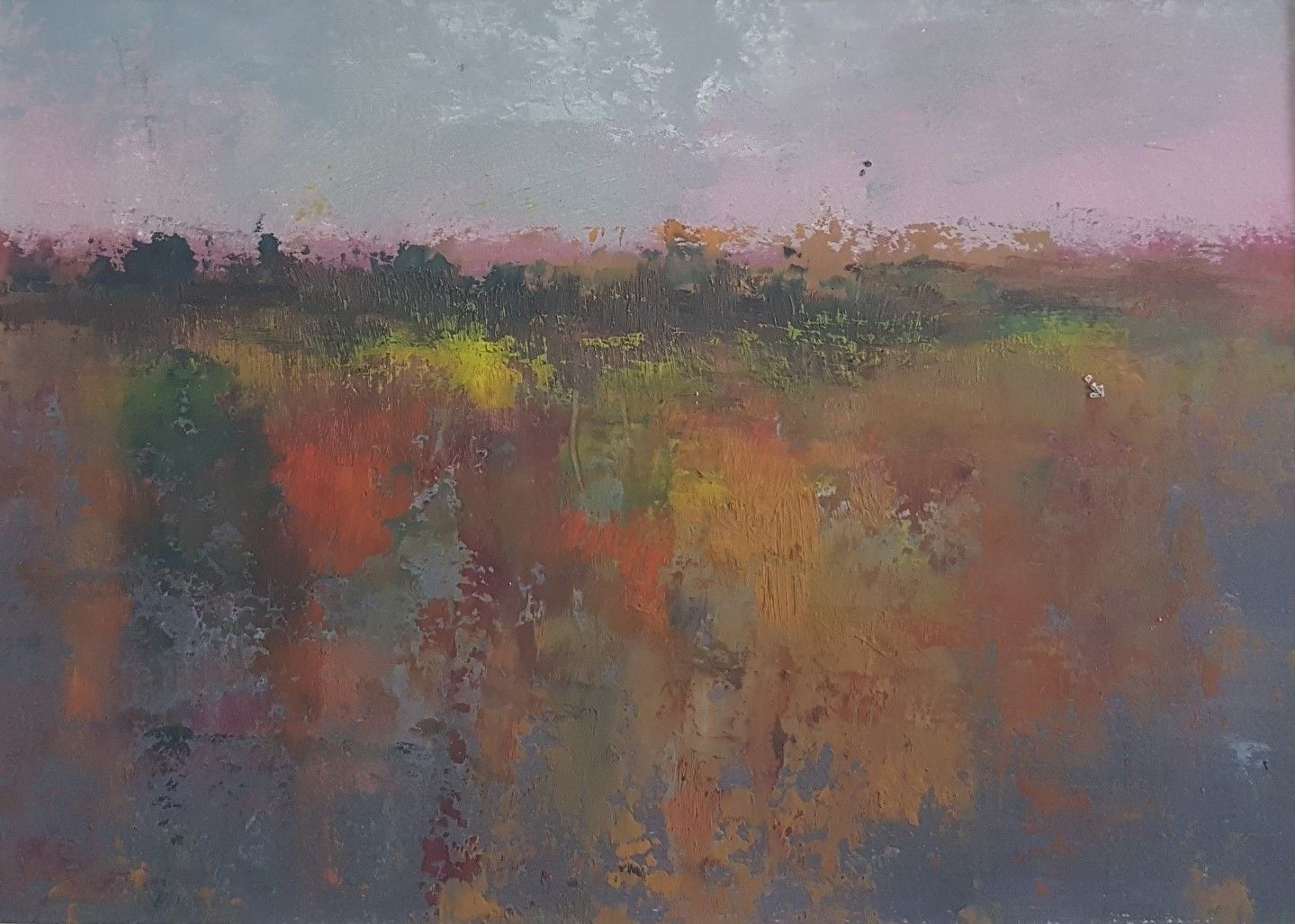 An Autumn Evening abstract painting by Lesley Cox featuring warm fall colors and layered textures

