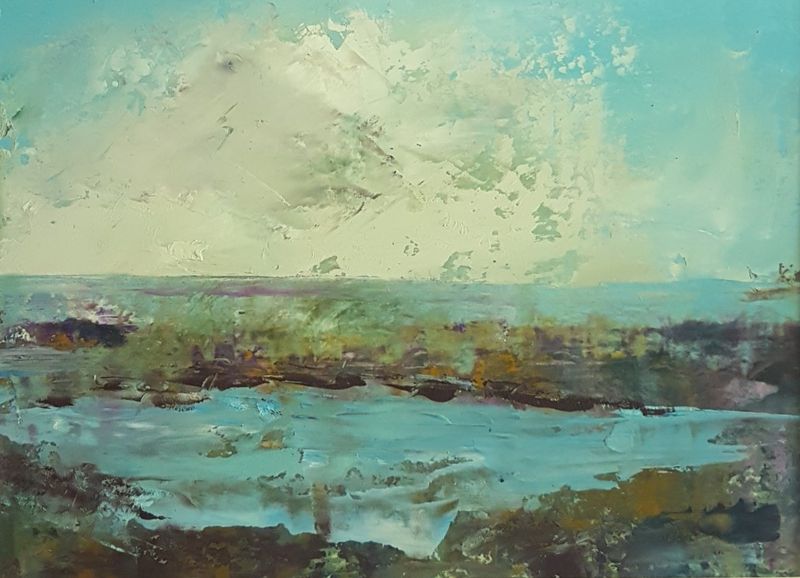 Rock Pool abstract coastal painting by Lesley Cox with layered textures and ocean-inspired tones

