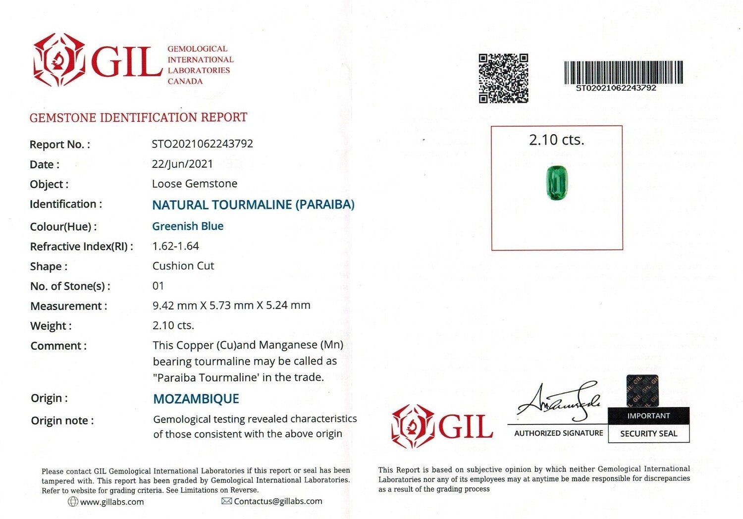 Tourmaline Paraiba 2.10 Ct