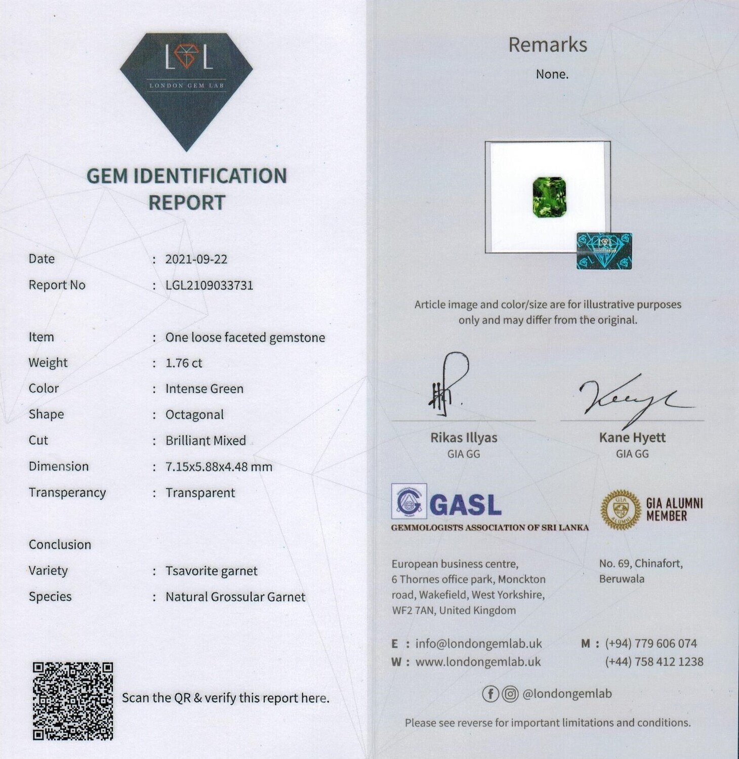 Grenat Tsavorite 1.76 Ct